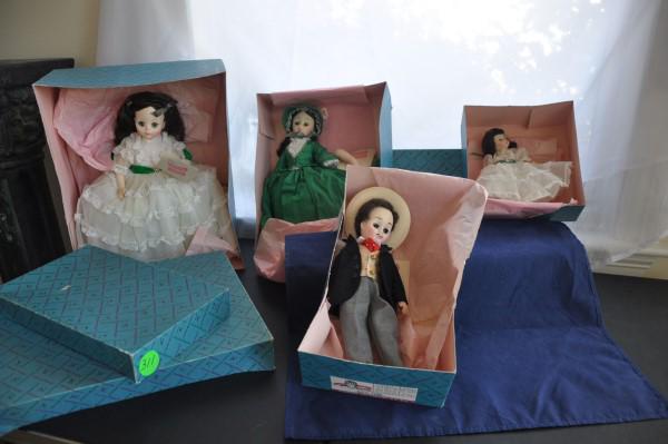 Madame Alexander Dolls: 5 Madam Alexander Scarlet O'Hara dolls in original boxes: & 1 Rhett Butler Doll: #1380 Rhett, 19" Scarlett, #425 Scarlett, #1385 Scarlett, #1590 Gone with the Wind, 20th century
