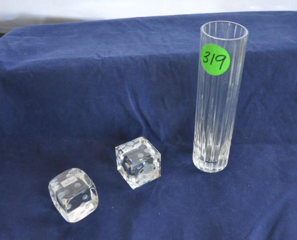 Baccarat Crystal: Signed Baccarat crystal bud vase & pair of dice from Las Vegas, 20th century