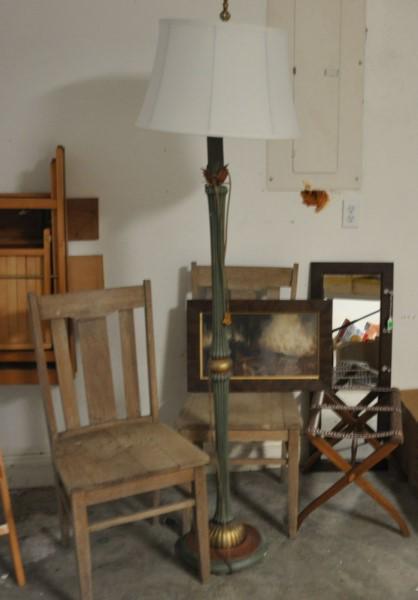 Chairs & Prints: Pair of vintage oak office chairs, framed print, mirror with hooks, wood hand painted lamp, luggage rock, 20th century