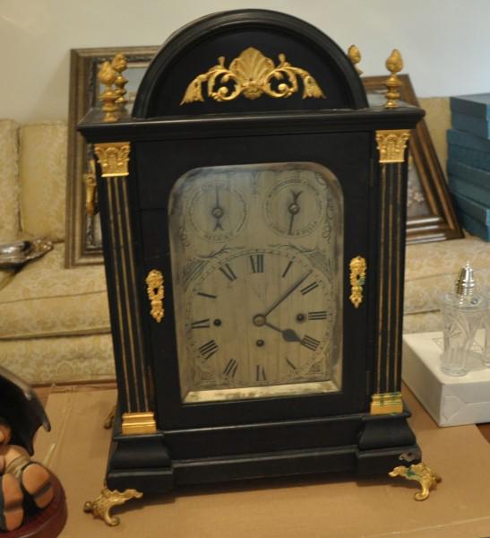 Black Stone Mantle Clock: Large black stone clock with brass trim, Westminster Chimes 15" w x 9" d x 23" h, 20th century