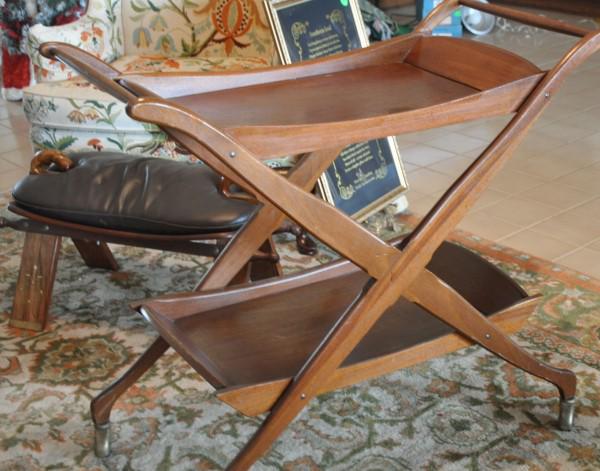 Vintage Tea Cart: Vintage 1950s tea cart, 2 tiers, brass covered wheels 35" w x 16" d x 33", mid- century