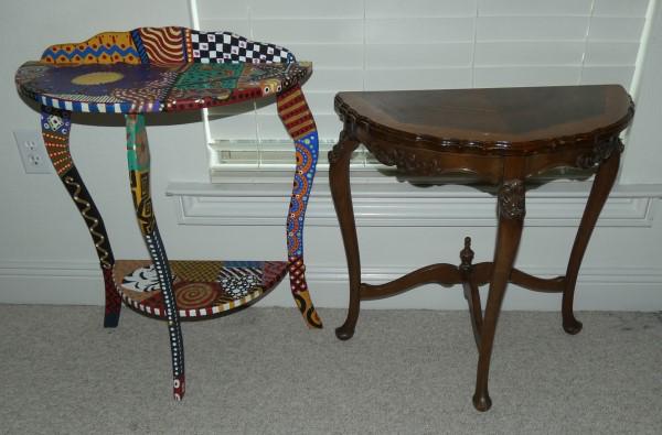 2 demi-lune tables: 2 demi-lune tables: mahogany with inlay 25" h, hand painted 27" h, 20th century