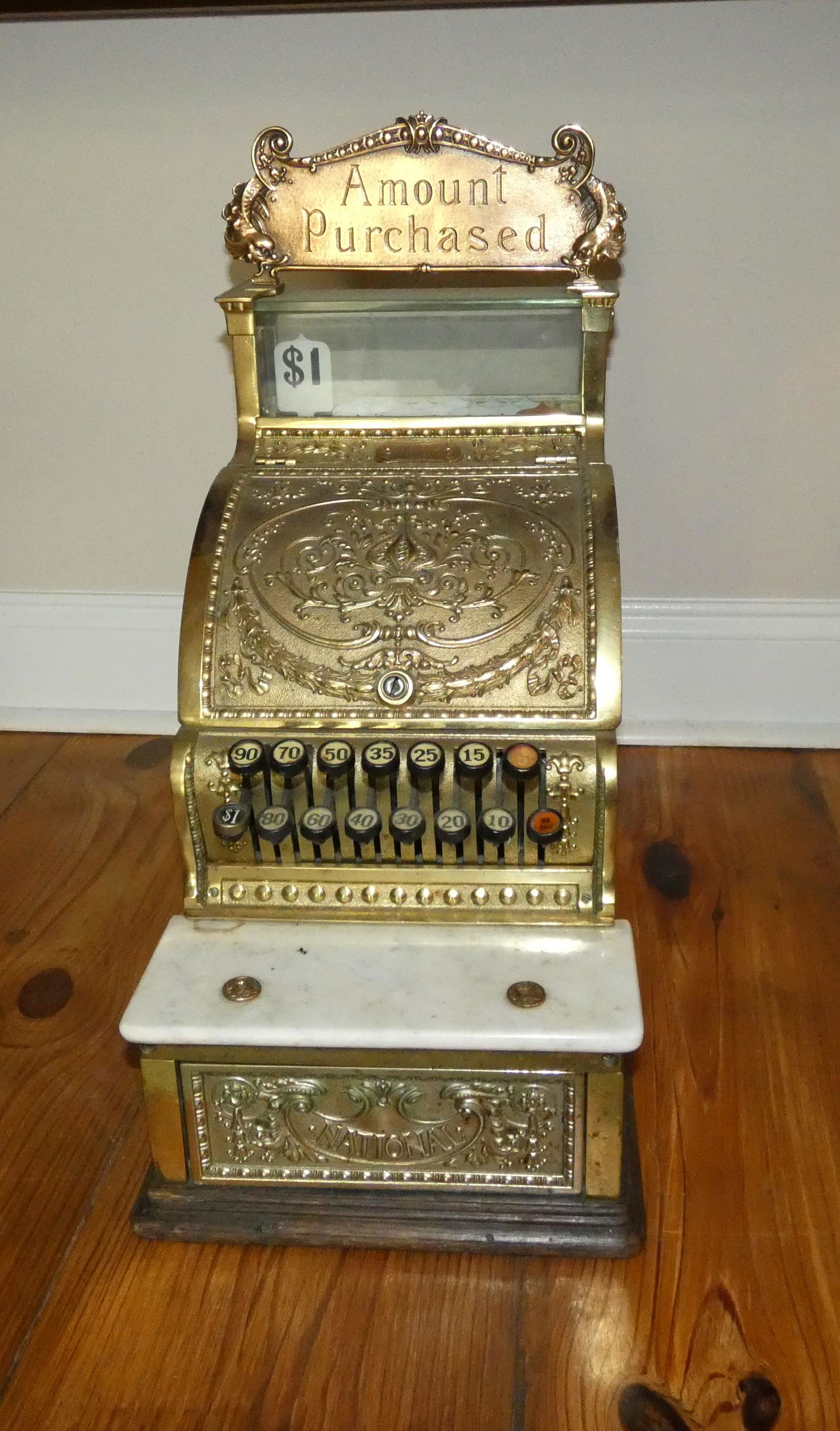 Antique brass & marble Candy Store cash register with key made by National Cash Register Co., (1 of 6)