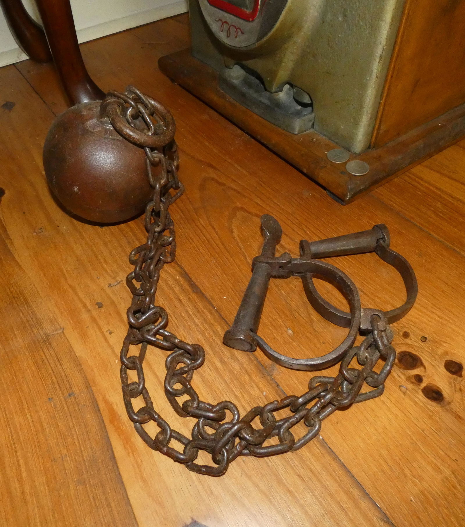Antique cast iron ball & chain from Yuma Territorial Prison, Yuma, Arizona, dated July 1, (1 of 4)