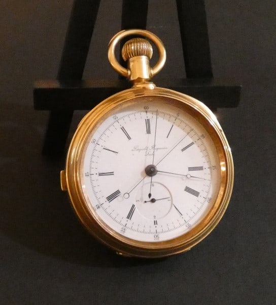 Man's Leopold Huguenin Locke pocket watch,18K yellow gold: Man's Leopold Huguenin Locke pocket watch,18K yellow gold,: Case #12902, circa 1880, White Roman dial, Chronograph, Center sweep second hand,1/4 second jump, 2 train movement, the crystal is loose, Fa