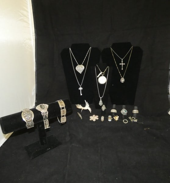 Vintage & Retro sterling jewelry: Vintage & Retro sterling jewelry: Bulova watch with stones, open face pocket watch, Hivre #31280, 1 silver tone watch chain with fob, black & silver lace bracelet marked "Iran 1944", sterling bee pin,