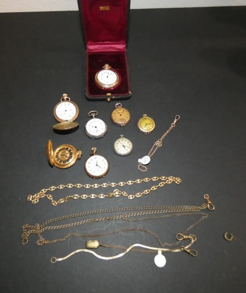6 petite gold filled vintage & antique pocket watches: 6 petite gold filled vintage & antique pocket watches: open face watches: AT 107319, inscribed on back, Waltham Premium, Elgin Philadelphia Watch Face Co., Twenty Years, #8093190, Campden, Gold filled