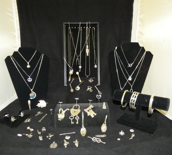 Vintage & Retro fun & funky sterling jewelry: Vintage & Retro fun & funky sterling jewelry: necklaces, some with pendants, bracelets, pendants, earrings & rings of various sizes, broaches in fun and unusual designs from a wishbone to a dog & bone