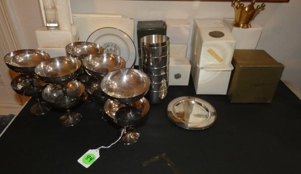 Large assortment of New Orleans Mardi Gras Ball Favors, some are still wrapped: Large assortment of New Orleans Mardi Gras Ball Favors, some are still wrapped: 10 Osiris footed coupe glasses from 1969-1974, Caliphs of Cairo favors: 5 sets of shot glasses, 14 Kirk Stieff Pewter Je