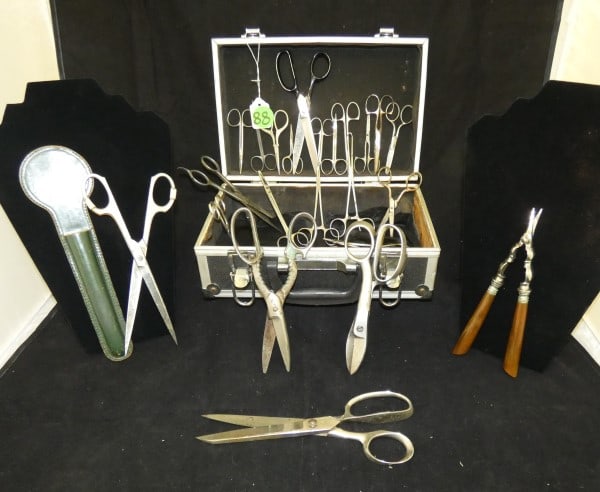 25 antique & vintage scissors & clamps of all shapes & sizes in a tin equipment: 25 antique & vintage scissors & clamps of all shapes & sizes in a tin equipment box, early to mid 20th century