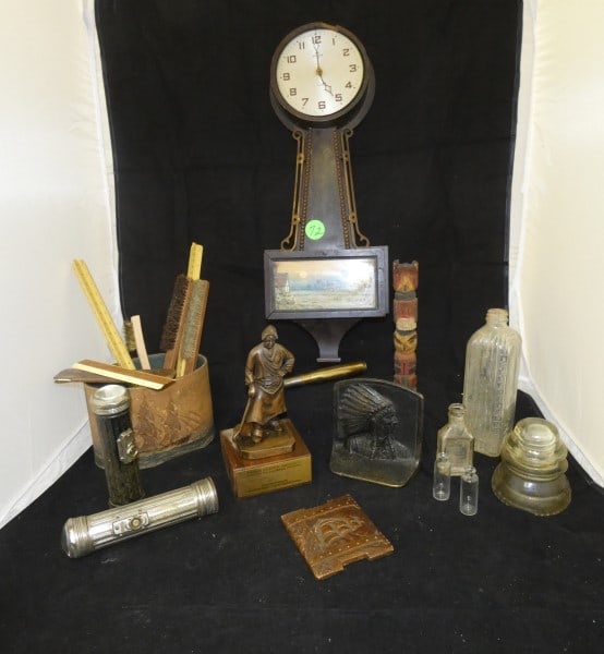 Collection of interesting unique antique & vintage items: Collection of interesting unique antique & vintage items: Antique clock with a beautiful reverse painting (needs repairs), 2 old Brunning rulers & 2 Paragon rulers, 3 Glasgow (Scotland) utility brushe