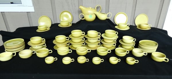 55 pieces of Russell Wright Steubenville dinnerware: 55 pieces of Russell Wright Steubenville dinnerware: 19 cups & saucers, 6 deim-tasse cups, 22 plates, tea pot, sugar & creamer, various colors, mid 20th century