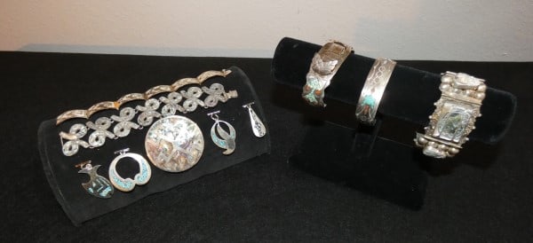 Sterling & abalone Navaho jewelry from Taxco: Sterling & abalone Navaho jewelry from Taxco: signed watch cuff bracelet by Farfan, cuff bracelet by J. Nelson, 1 bracelet (with slight damage), 1 bracelet by Tallers, broach, 2 charms, 2 pendants, 22