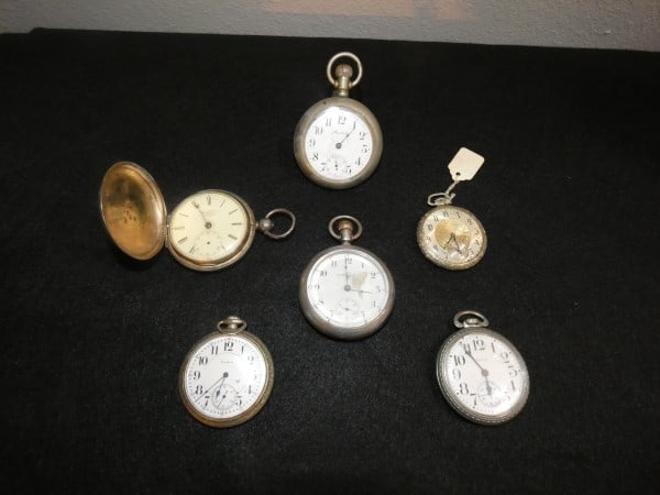 6 vintage & antique Railroad pocket watches, 1 Hunter & 5 open face: 6 vintage & antique Railroad pocket watches, 1 Hunter & 5 open face: Jos Johnson Hunter Case watch, 25 Church St., Liverpool, England, 3 Elgin:1 with horse engraved on back, 1 "Emperor" Base Metal, #7