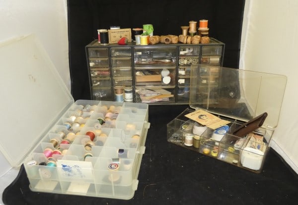 Large assortment of antique & vintage sewing accessories: Large assortment of antique & vintage sewing accessories threads, thimbles, threaders, pin cushion, dress maker chark in original box, early to mid 20th century