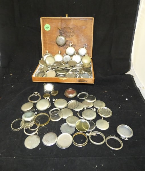 Large assortment of antique & vintage pocket watch cases & faces: Large assortment of antique & vintage pocket cases & case parts, some sterling & coin silver, early 20th century