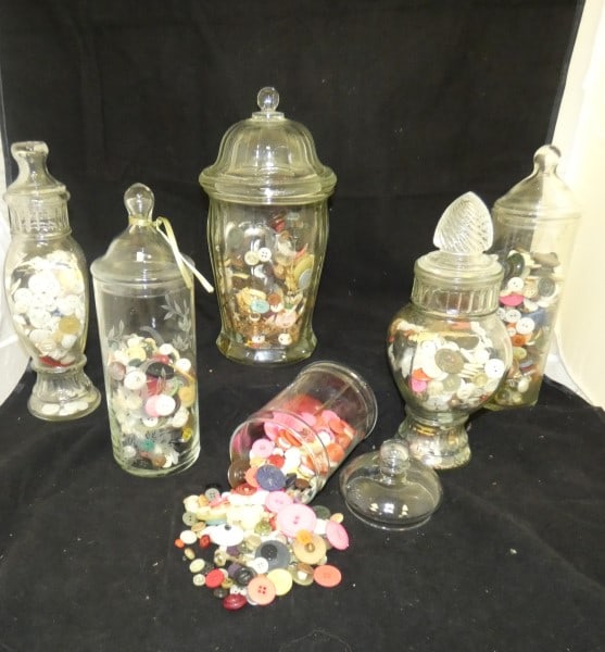 6 jars of interesting antique & vintage buttons: 6 jars of interesting antique & vintage buttons, early to mid 20th century