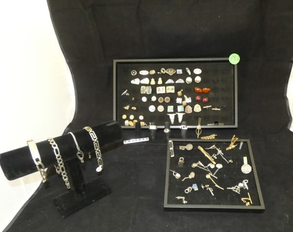 Vintage cuff links, tie bars & tie tacs, men's bracelets & rings: Vintage cuff links, tie bars & tie tacs, men's bracelets & rings, some sterling, 394 grams, (does not include jewelry with stones), mid 20th century
