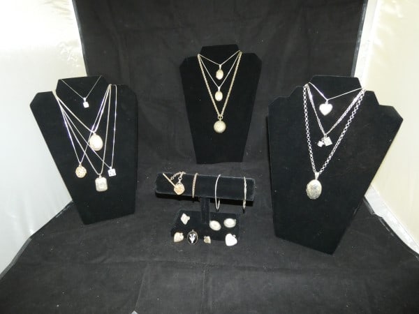 Antique & Vintage sterling lockets: Antique & Vintage sterling lockets: 11 lockets on chains, 3 lockets without chains, 3 photo pendant necklace, locket fob on a pocket watch chain, 2 sterling charm bracelets, Victorian "poison" ring, 2