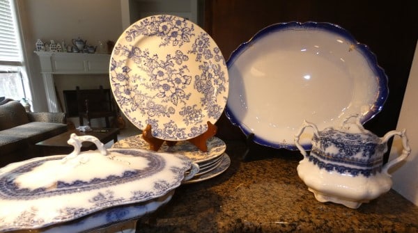 Assortment of blue & white china, some English": Assortment of blue & white china, some English" platter by H. R. Wyllie, covered vegetable, covered sugar by Florence, 6 plates by Taylor Smith Taylor,USA, 20th century