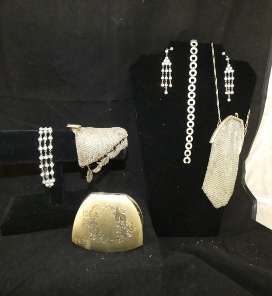 Antique & vintage ladies's items: Antique & vintage ladies's items: silver compact, 2 sterling mesh purses, 1 German, 1 has a monogram "Laura", pair of earings, bracelet, 114 grams, (purses only), early 20th century