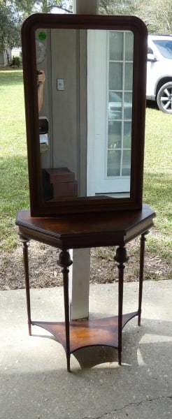 Antique walnut wood frame mirror & vintage mahogany Federal style demi-lune: Antique walnut wood frame mirror & vintage mahogany Federal style demi-lune table, early to mid 20th century