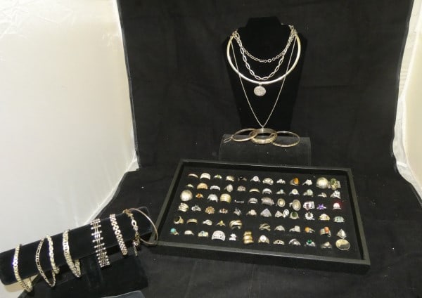 Vintage & Retro sterling jewelry: Vintage & Retro sterling jewelry: 11 bracelets, 4 necklaces, some with pendants, 60+ rings of various sizes with natural & cut stones, 407 grams, (does not include jewelry with stones), mid to late 20