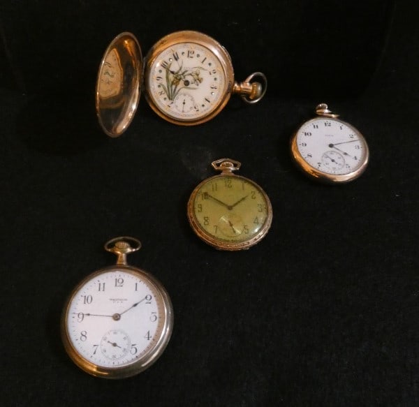 4 gold tone antique & vintage pocket watches: 4 gold tone antique & vintage pocket watches: Waltham W.W.Co.#408407, Open Face: Elgin #4963575, Waltham, Elgin, early 20th century