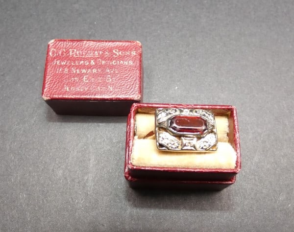 Antique 14K yellow gold; garnet & diamond ring in original box: Antique 14K yellow gold; garnet & diamond ring in original box, 4.2 grams, size 8 1/2, early 20th century