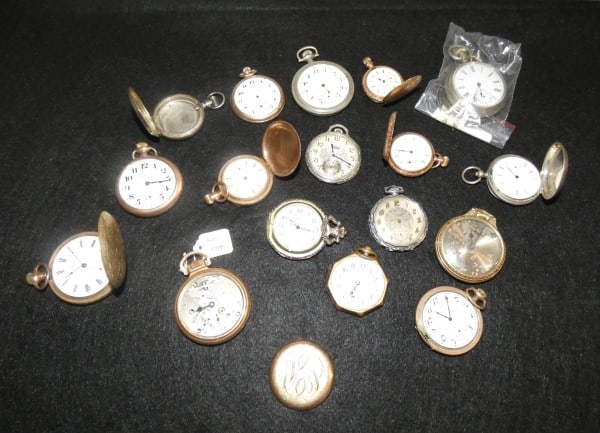 15+ pocket watches open face & hunter style-all in various stages of repair: 15+ pocket watches open face & hunter style-all in various stages of repair, silver, gold plate, coin silver, early to mid 20th century