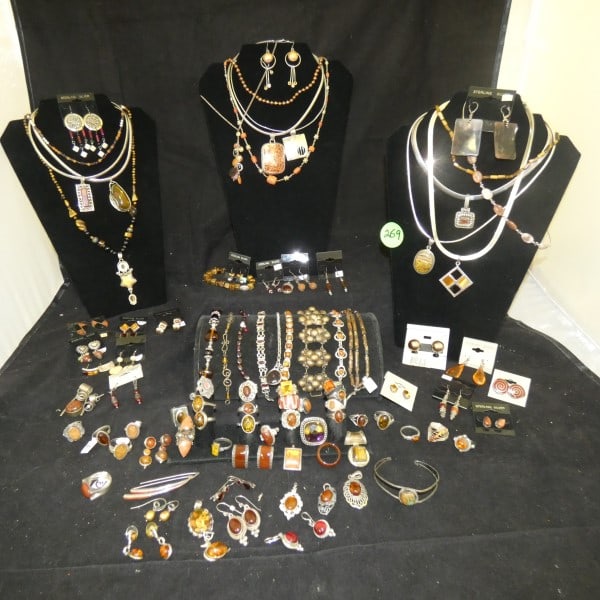 Large collection of Vintage & Retro sterling jewelry with amber: Large collection of Vintage & Retro sterling jewelry with natural amber & amber color stones: 14 necklaces, 11 bracelets, 16+ rings of various sizes, 18 pairs of earrings, 184 grams, (does not include