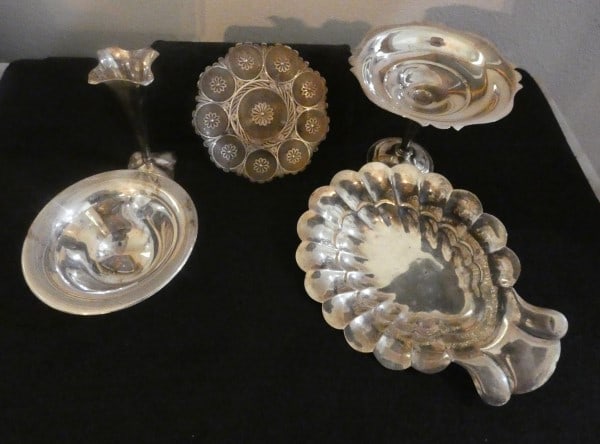 Assortment of sterling & coin silver dishes: Assortment of sterling & coin silver dishes: sterling: small footed bowl, tall footed candy dish, oval candy/nut dish, bud vase/ Coin silver small footed bowl, total weight including tall footed & wei