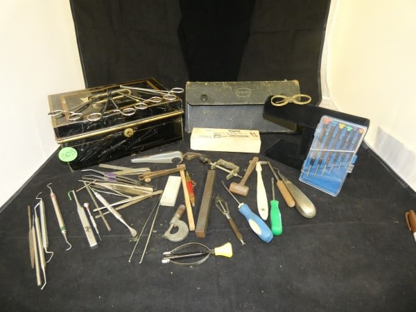 Repair tools for watches & jewelry: Repair tools for watches & jewelry: Precision tool kit in fitted case, Vigor water proof watch case wrench, small screw drivers, caliper, miniature hammers & mallards & misc. tools with metal box, mid