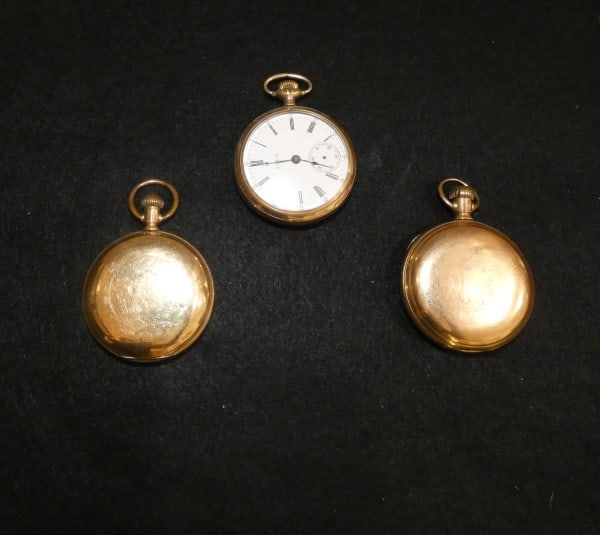 3 beautiful antique Elgin gold tone pocket watches, 1 open faced: 3 beautiful antique Elgin gold tone pocket watches, 1 open faced: 2 Elgin Natl Watch Co., open faced:, early 20th century