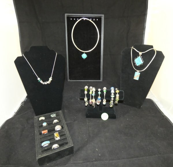 Pandora & Pandora style sterling jewelry: Pandora & Pandora style sterling jewelry: 9 rings of various sizes, some with natural & cut stones, 7 bracelets with many colorful charms with natural & cut stones, 3 sterling necklaces with turquoise