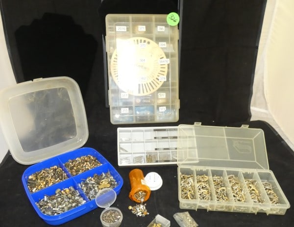 Pocket watch & watch repair parts such as batteries, spring bars: Pocket watch & watch repair parts such as batteries, spring bars, crowns, stems & many other parts, mid 20th century
