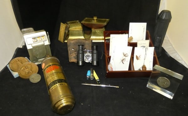 Collection of antique & vintage interesting items: Collection of antique & vintage interesting items: Old brass desk set with ink wells, blotter & covered box, hand made fishing flys, spinner lures, silver Cross pencil with as assortment of lead refil