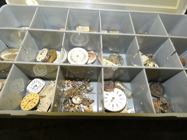 2 boxes of vintage & antique miniature watch faces & watch pieces: 2 boxes of vintage & antique miniature watch faces & watch pieces, mid to late 20th century