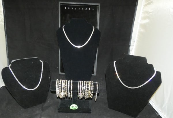 18 Vintage & Retro sterling bracelets: 18 Vintage & Retro sterling bracelets with cut & natural stones, 3 necklaces with clear stones, mid to late 20th century