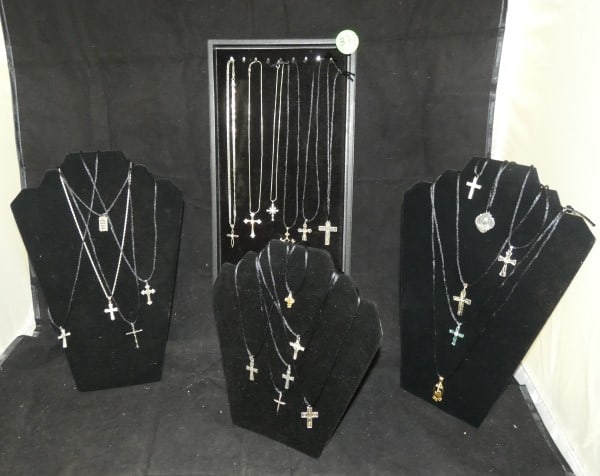 23 Vintage & Retro sterling crosses & medals: 23 Vintage & Retro sterling crosses & medals with cut stones, 50 grams, (does not include jewelry with stones)mid to late 20th century