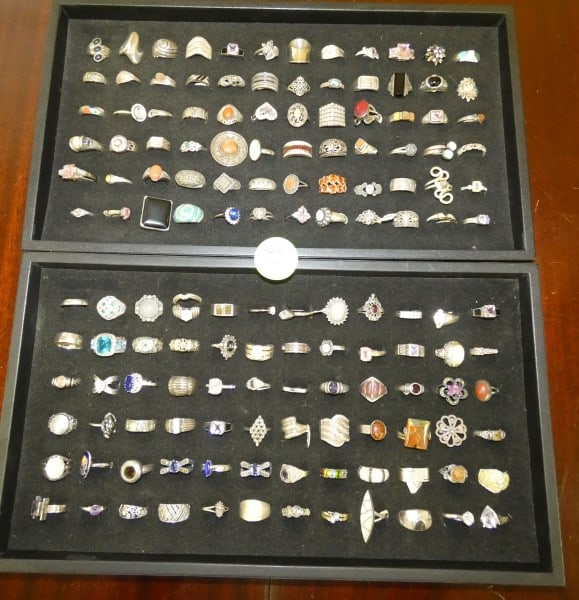 120 vintage & Retro sterling rings: 120 vintage & Retro sterling rings of various sizes with natural & cut stones, 164 grams, (does not include jewelry with stones), mid to late 20th century