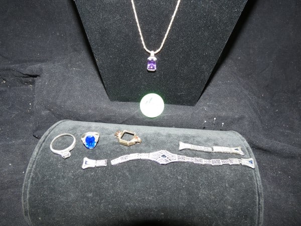 Vintage & Retro sterling jewelry: Vintage & Retro sterling jewelry: 10K on sterling ring with cut blue stone, sterling bracelet with cut stone, 18K gold bale with cut amethyst stone on sterling chain, sterling ring with cut stones, go