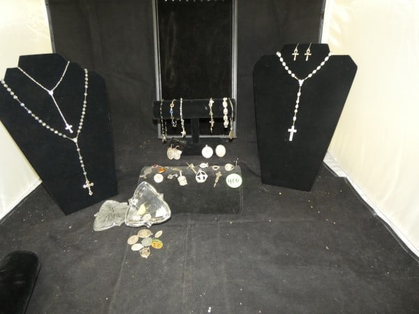 Vintage & Retro sterling religious jewelry & rosary: Vintage & Retro sterling religious jewelry & rosary: 3 rosary, 6 bracelets, some with cut stones, 3 pairs of earrings, locket, broach, 3 rings of various sizes, pendants, charms, 16 medals, glass cove