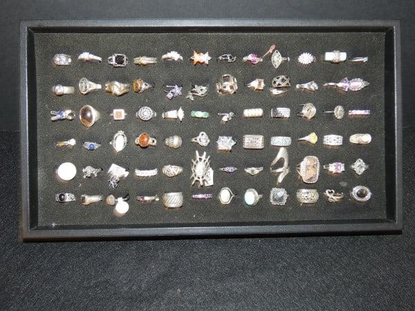 60 Vintage & Retro sterling rings: 60 Vintage & Retro sterling rings with cut & natural stones, 72 grams, (does not include jewelry with stones), mid to late 20th century