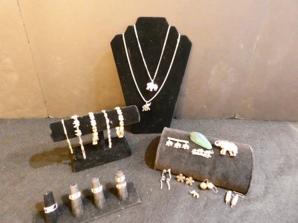 Vintage & Retro sterling jewelry-All about ELEPHANTS: Vintage & Retro sterling jewelry-All about ELEPHANTS: 4 elephant bracelets, 3 with cut stones, 1 bracelet with sterling beads, 4 broaches, 3 with cut stones, 1 carved wood leaf broach signed "Castlebe