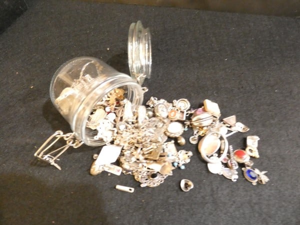 Vintage & Retro sterling jewelry: Vintage & Retro sterling jewelry, some with natural & cut stones: 9 bracelets & 80+ pendants, 125 grams (bracelets & charms without stones), mid to late 20th century