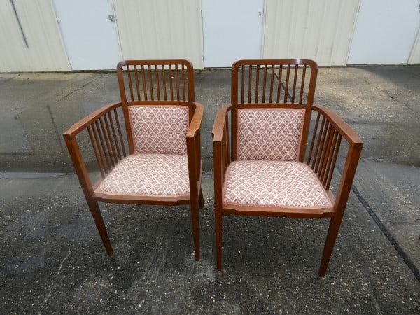 Pair of vintage Danish Modern chairs: Pair of vintage Danish Modern chairs, curved arms, cushion seats 23" w x 19" d x 37 1/2" h, mid 20th century