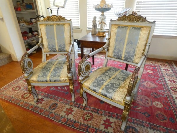 Pair of Empire style polychrome & parcel gilt arm chairs (1 of 5)