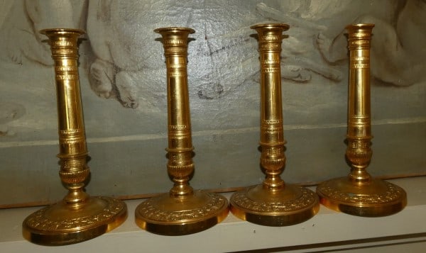 4 vintage brass candle sticks: 4 vintage brass candle sticks 9 1/2" h, mid 20th century