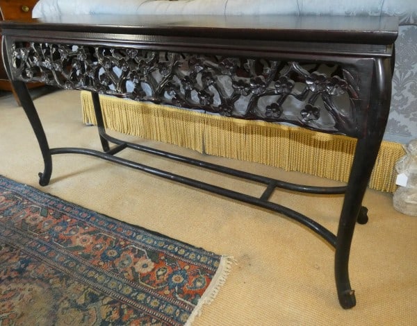 Mahogany Chinese altar: Mahogany Chinese altar, hand carved apron, curved legs & stretches, Queen Anne feet 54" w x 16 1/2" d x 28 1/2" h, 20th century